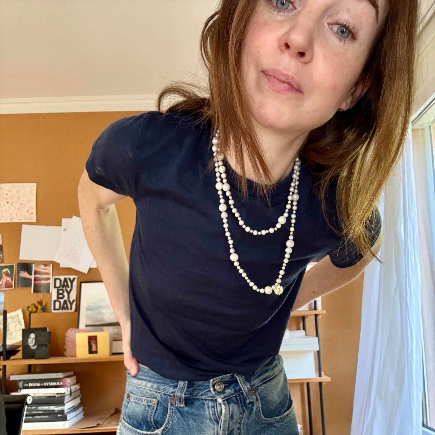 Pearl Pebble & Gold Disc 22 Inch Necklace