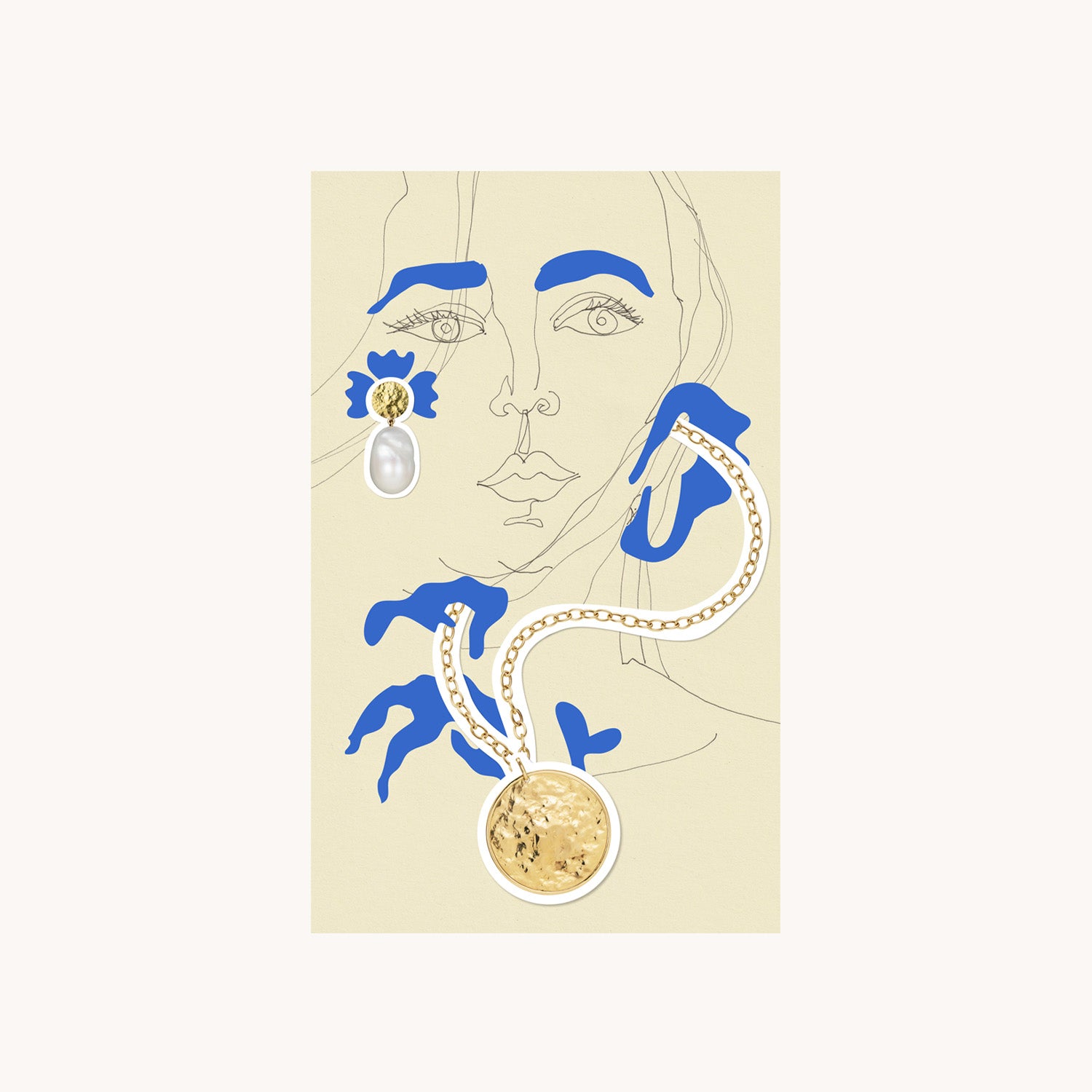 Artistic illustration of a face with jewelry on a beige background by Isabella Roux