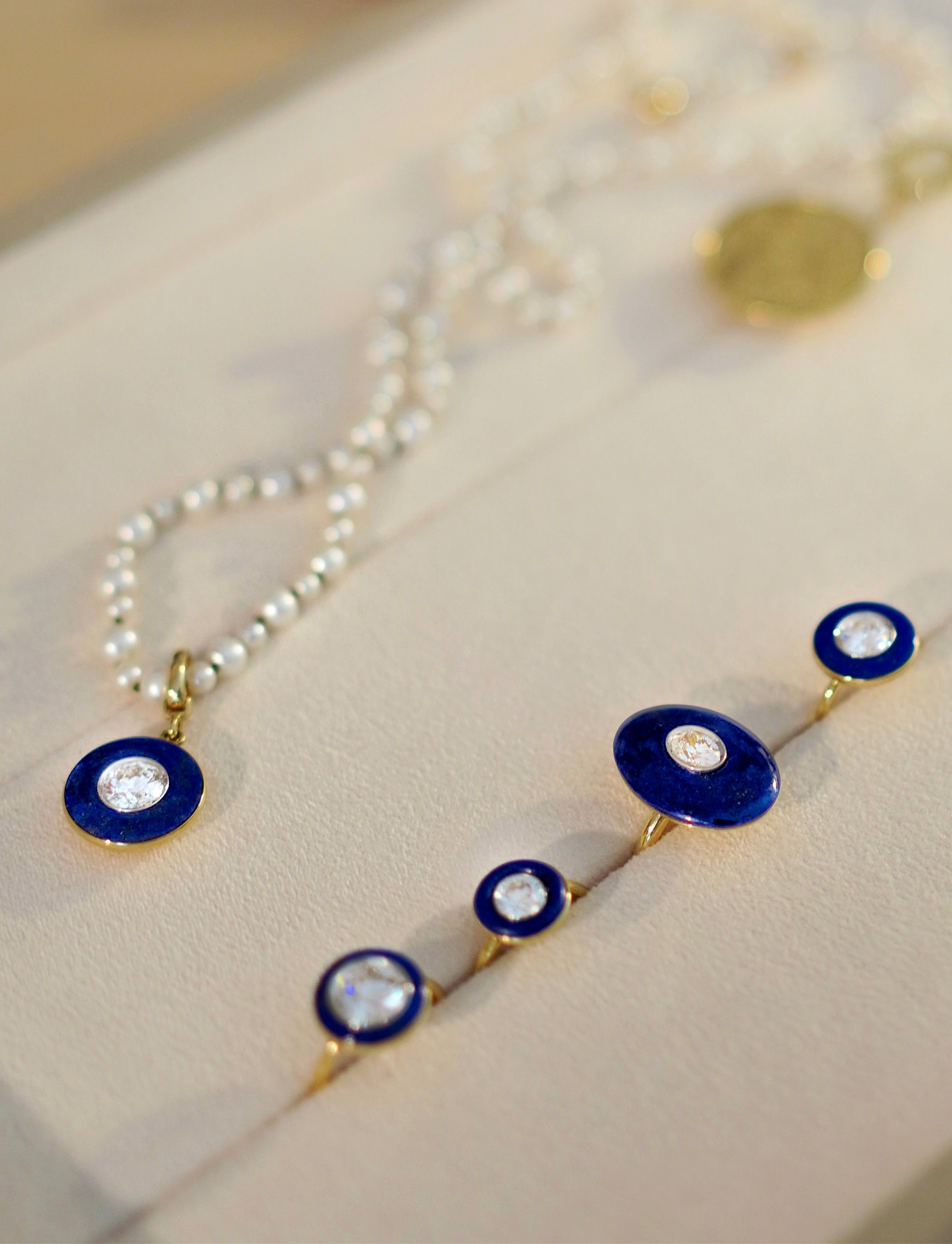18k yellow gold and diamond Lapis Rings and Pendant with pearl necklace by Isabella Roux