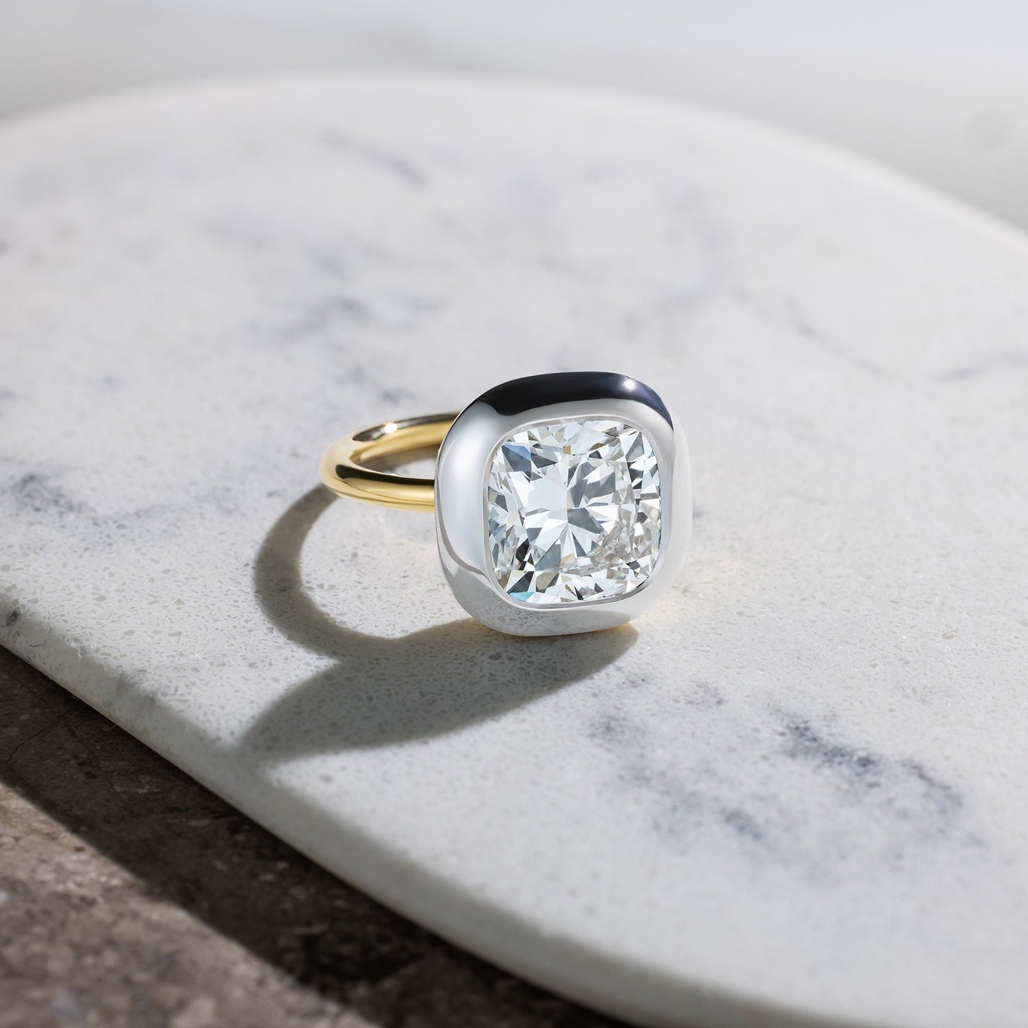 Handcrafted 18K yellow and white gold Diamond Cushion Cup Ring featuring a 4.01ct cushion cut white diamond in a signature white gold cup setting by Isabella Roux
