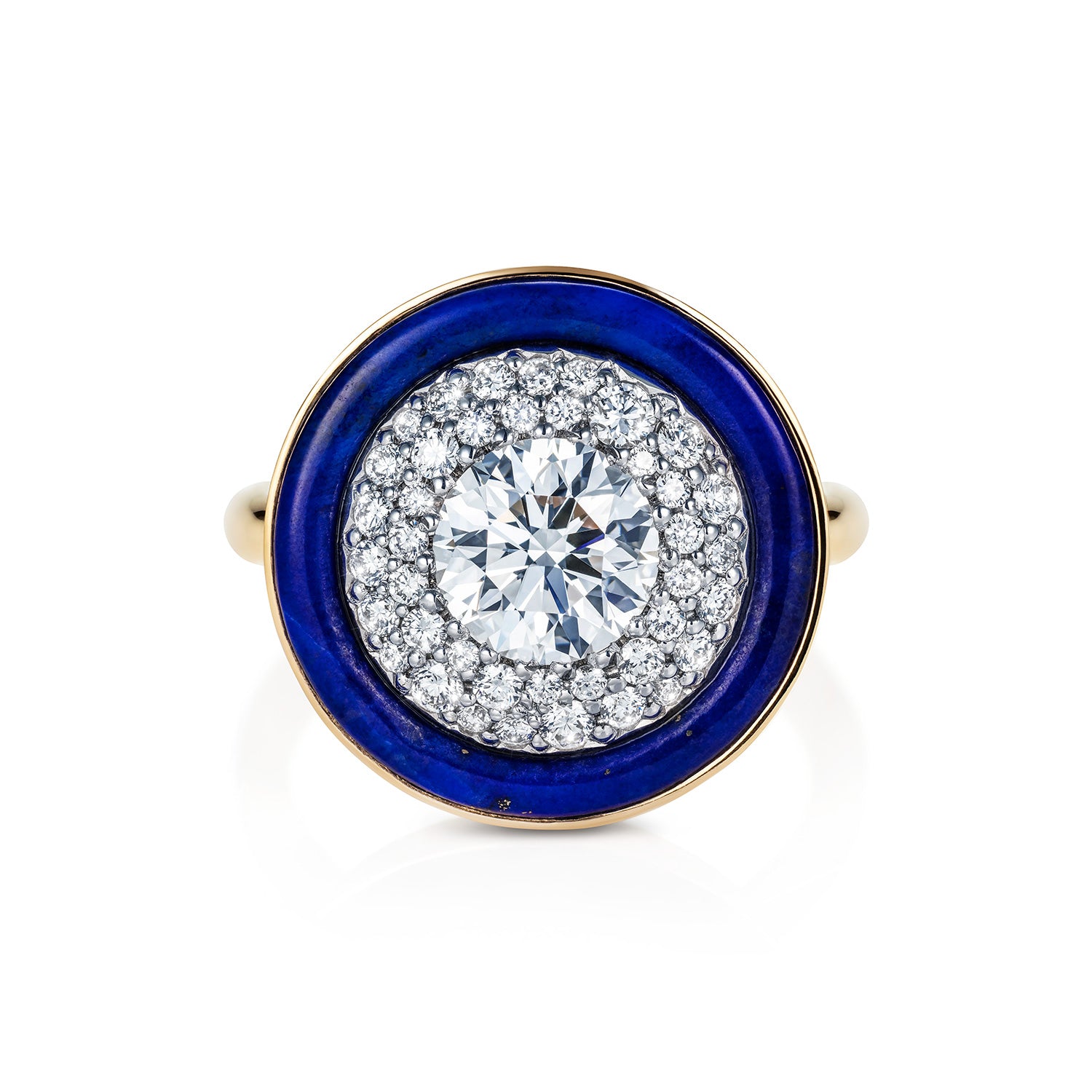 Bespoke 18K yellow & white gold Diamond & Lapis Mosaic Classic Ring featuring a round brilliant lab grown diamond and carved deep blue lapis lazuli in a halo around by Isabella Roux