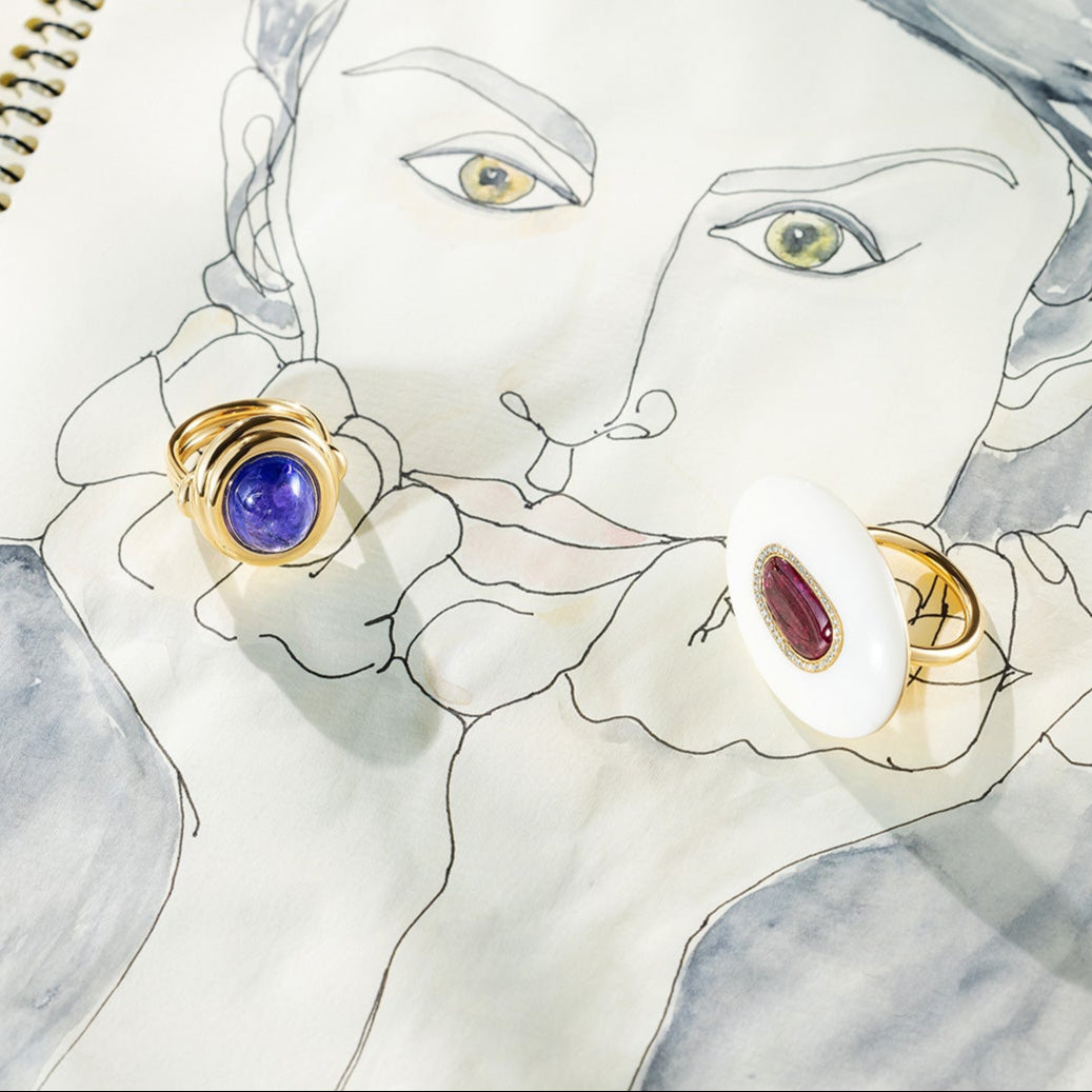 Illustration with 18K yellow gold Diamond, Ruby & Opal Pebble Ring featuring a 3.21ct ruby slice framed by diamond pavé and set in hand-carved white opal by Isabella Roux.