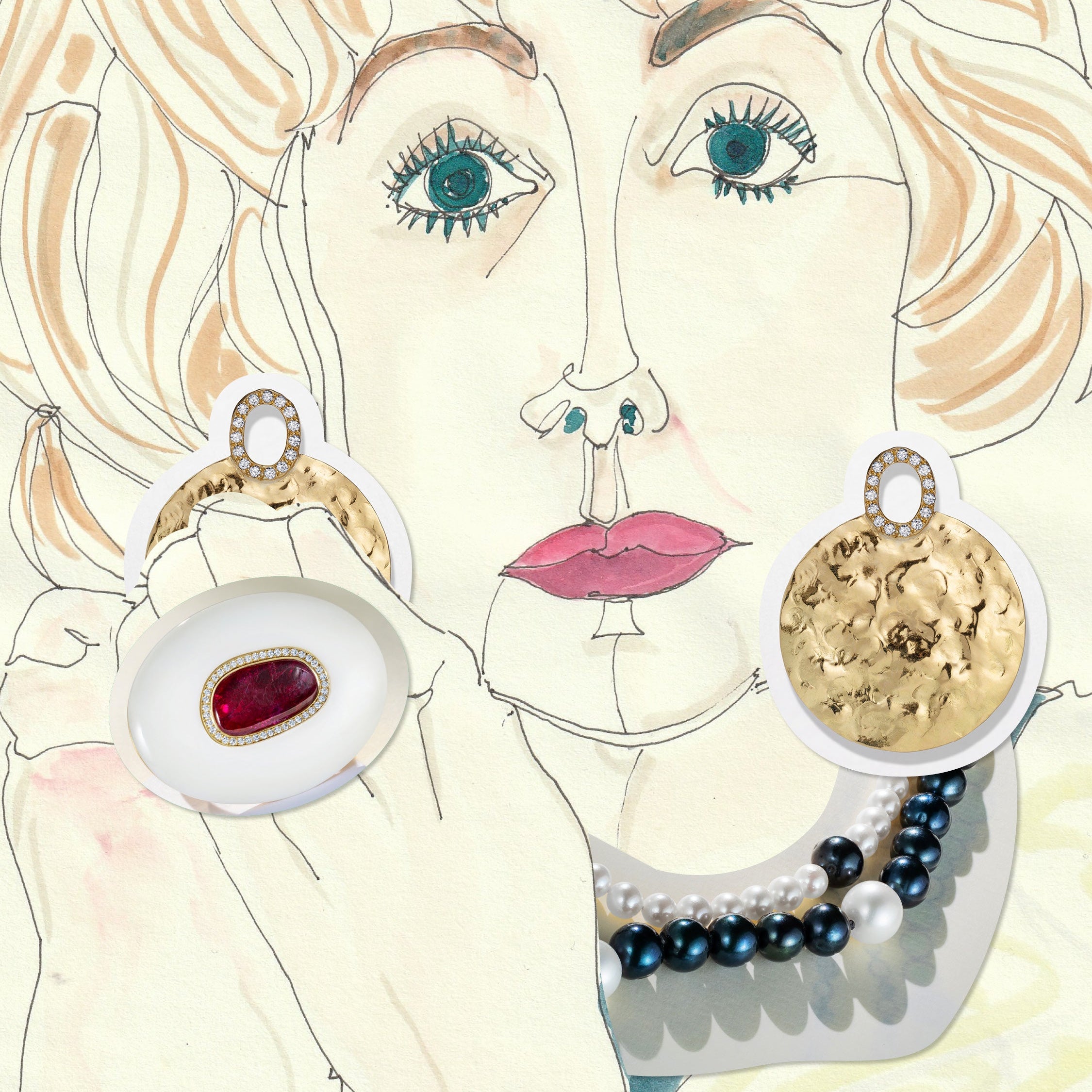 Jewellery collage with Hand-beaten 18K yellow gold Diamond Sun Disc Earrings featuring 25mm discs set with 0.30cts of sparkling round pavé diamonds by Isabella Roux.