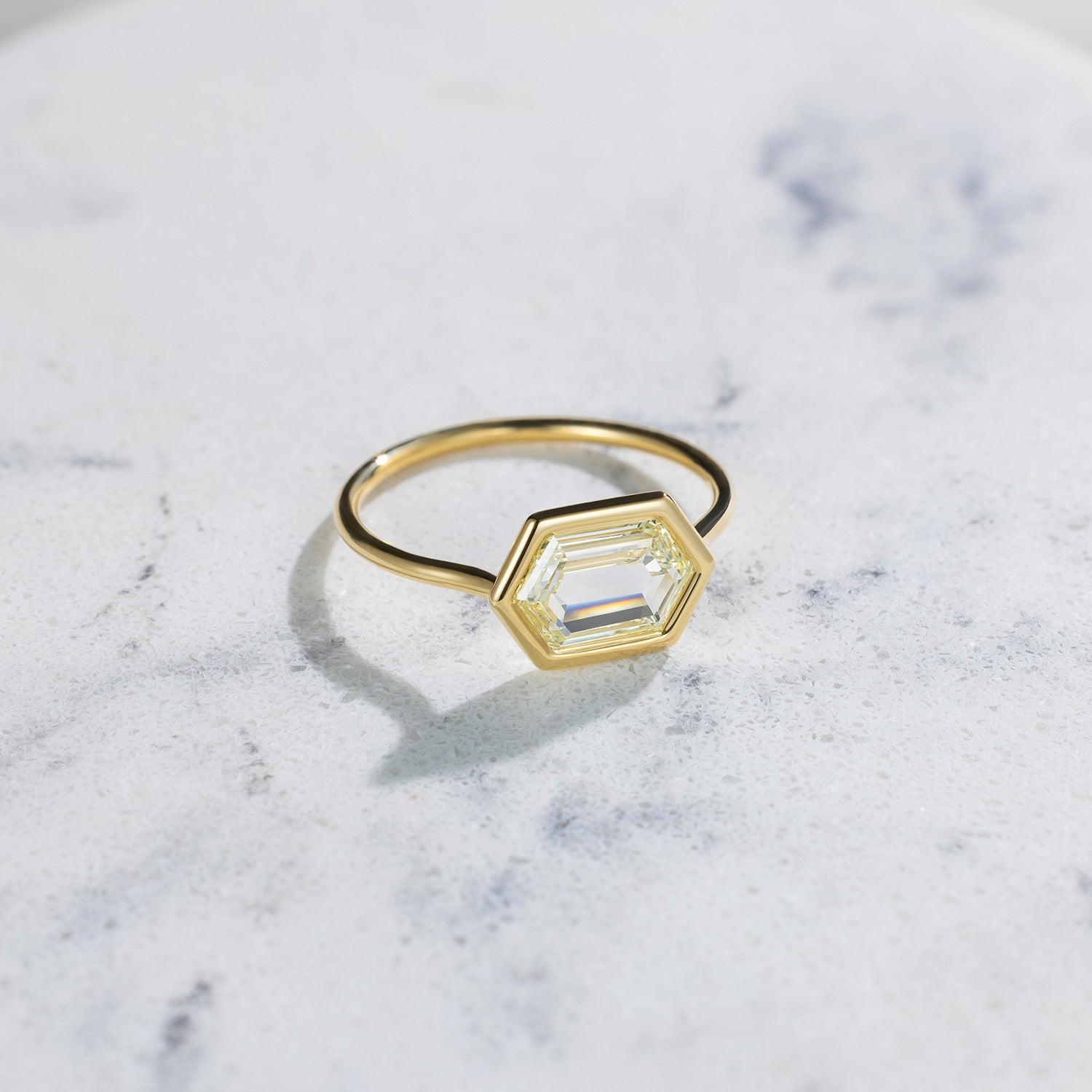 Handcrafted 18K yellow gold Hexagonal Diamond Ring featuring a 2ct natural yellow hexagonal rose cut diamond in a geometric setting by Isabella Roux