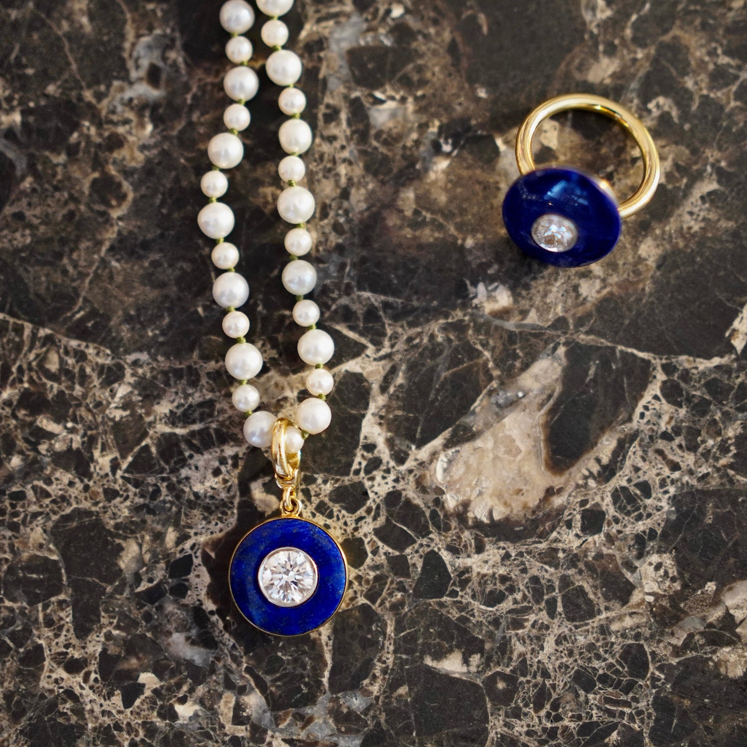 Handcrafted Pebble Pearl 15" Mini Necklace with freshwater pearls and 3.5 - 4.5mm and 18K yellow gold clasp on green thread by Isabella Roux.