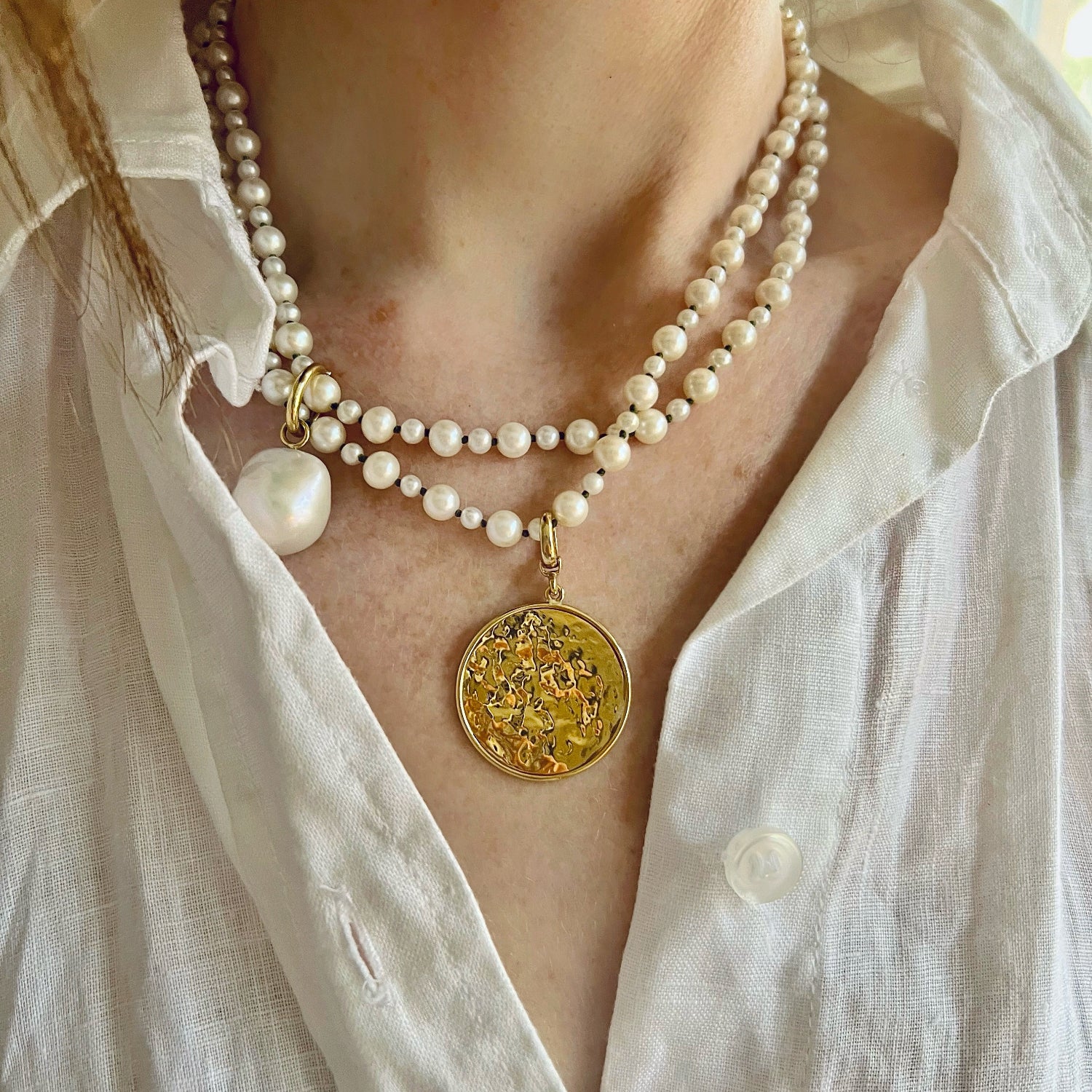 Handcrafted Pebble Pearl 22" Necklace featuring freshwater pearls in 3 - 5mm and 18K yellow gold clasp by Isabella Roux.