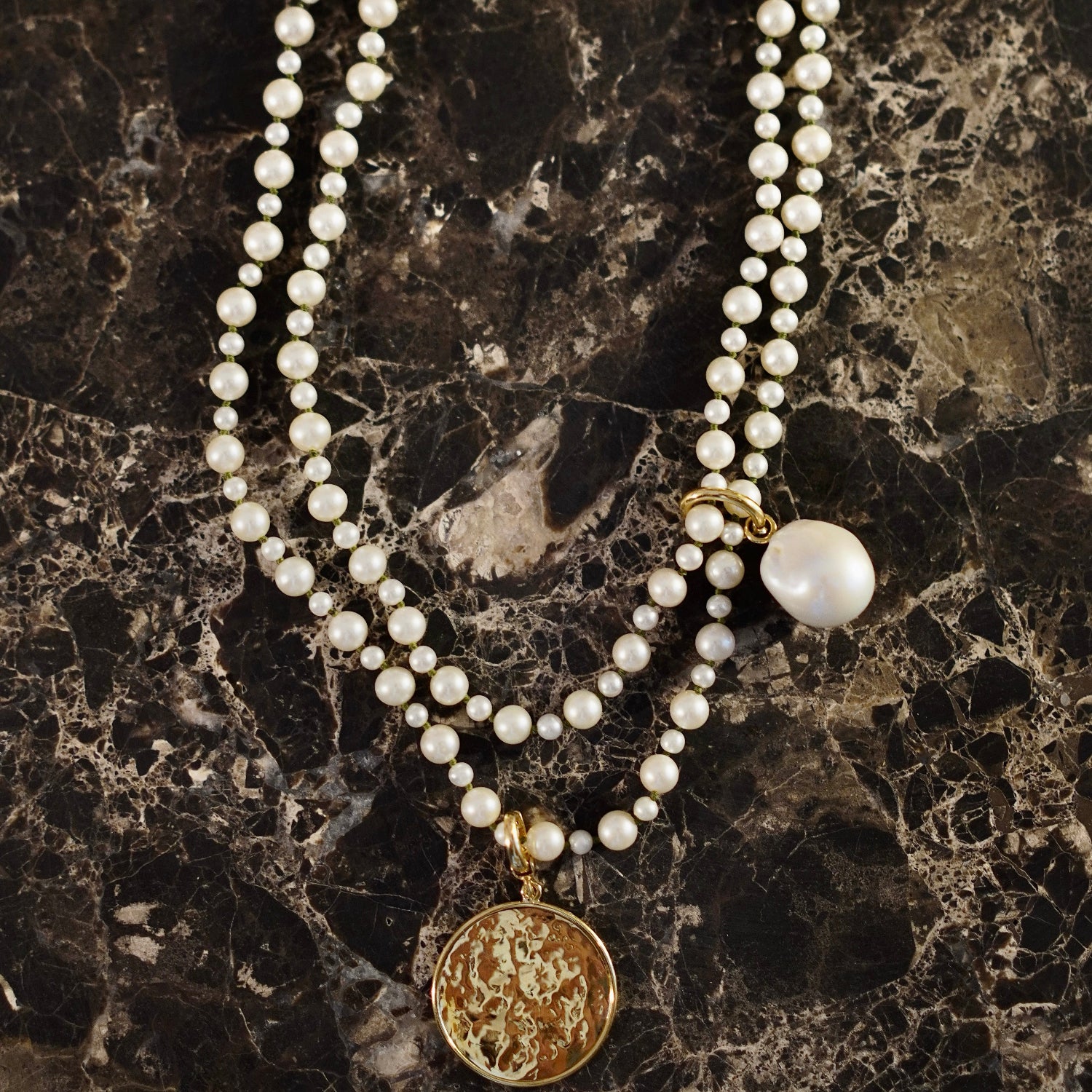 Handcrafted Pebble Pearl 22" Necklace featuring freshwater pearls in 3 - 5mm and 18K yellow gold clasp by Isabella Roux.