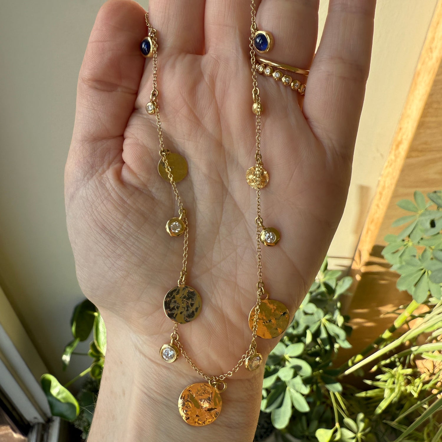 Gold Diamond & Sapphire Pebble Disc Necklace