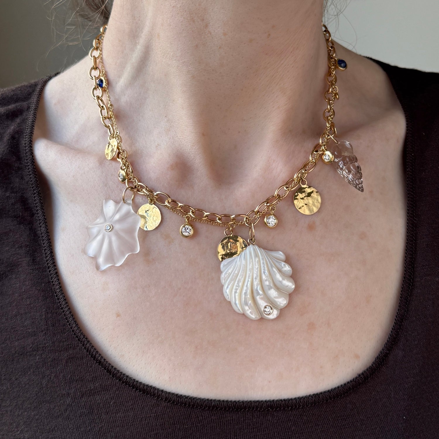 Gold Diamond & Sapphire Pebble Disc Necklace