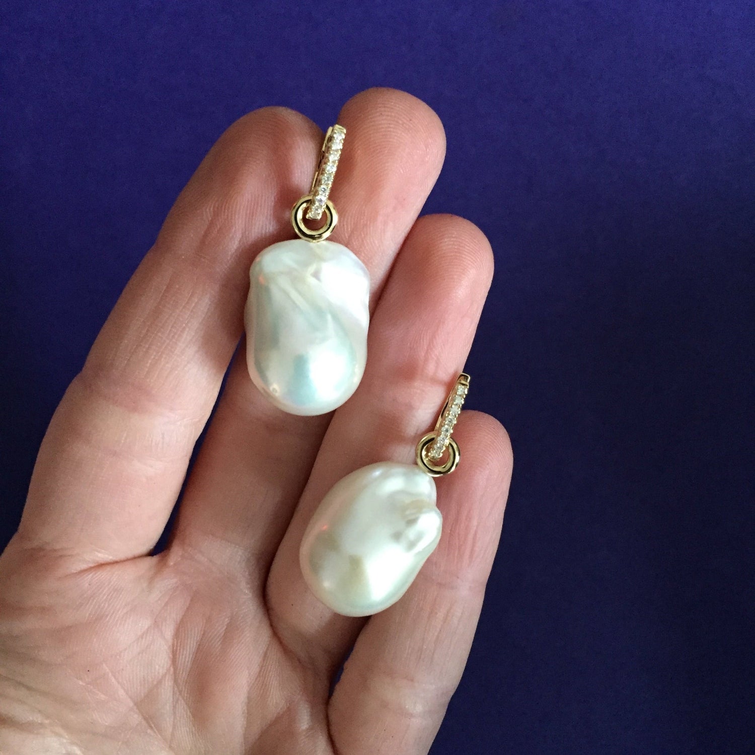 Handcrafted 18K yellow gold Baroque Pearl & Diamond Earrings featuring 12mm diamond pavé huggie hoops with detachable organic white freshwater baroque pearl drops by Isabella Roux