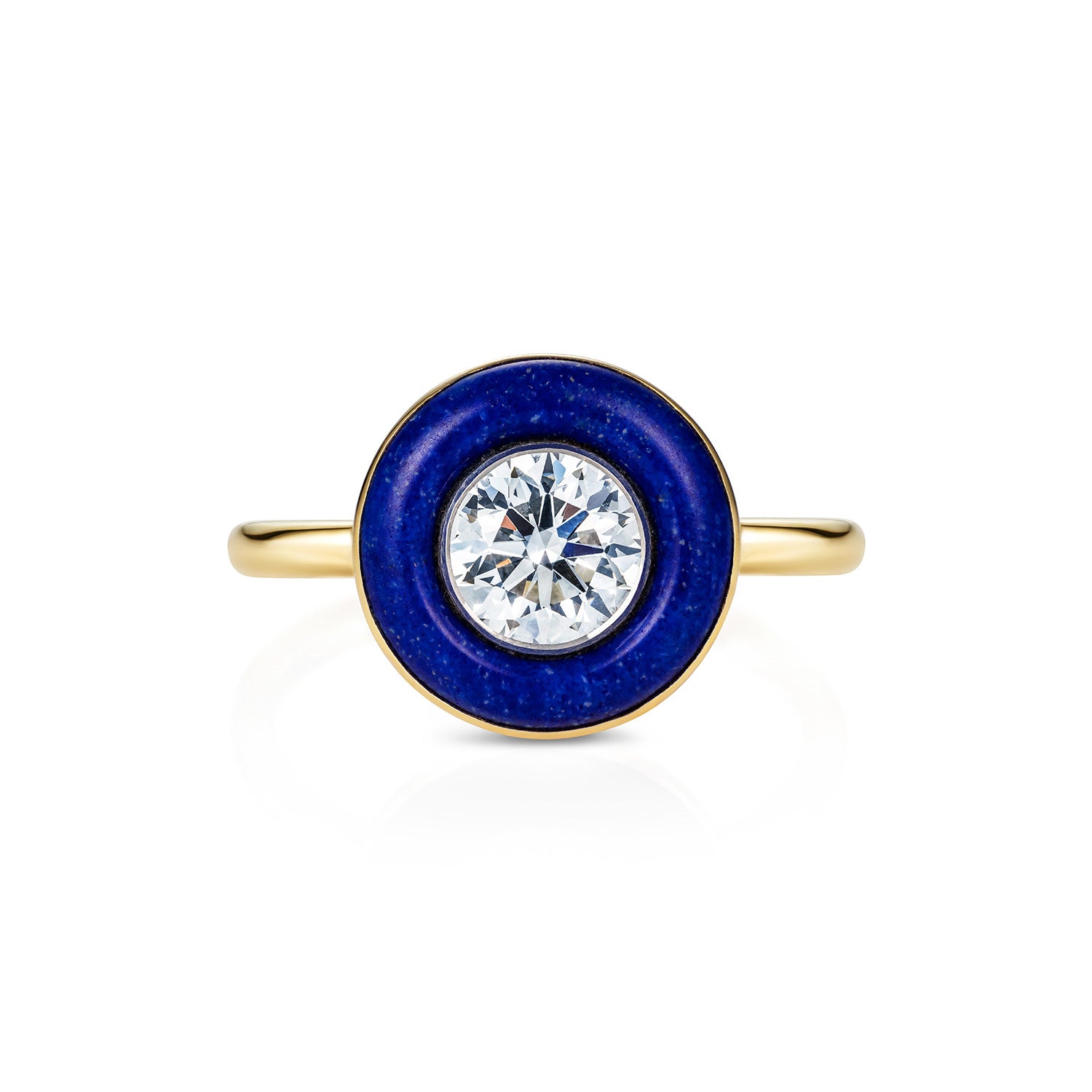 Bespoke 18K yellow & white gold Diamond & Lapis Classic Ring featuring a round brilliant lab grown diamond and carved deep blue lapis lazuli in a halo around by Isabella Roux