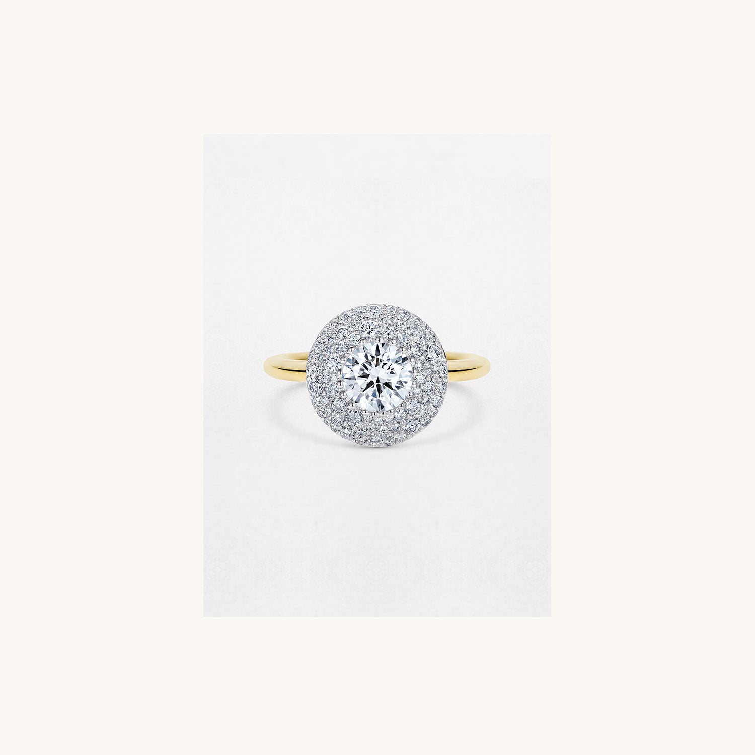 Bespoke 18K yellow and white gold Diamond Mosaic Ring featuring a 1.5ct round brilliant diamond framed by a decorative diamond mosaic pavé by Isabella Roux