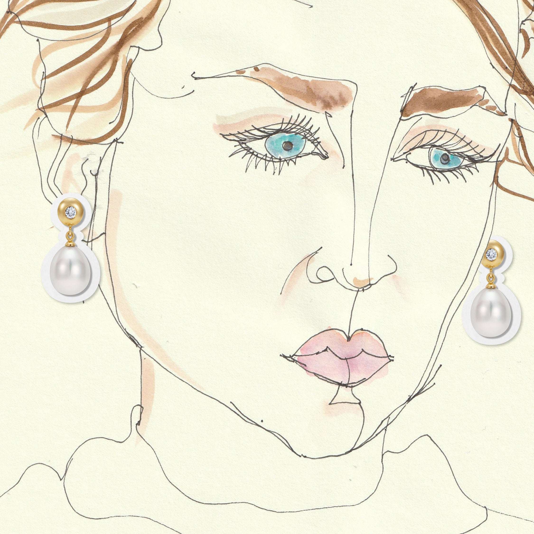 Jewellery illustration collage with handcrafted 18K yellow gold Diamond & Pearl Pebble Earrings featuring 0.40ct total weight round brilliant diamonds and a pair of white Akoya drop-shaped pearls by Isabella Roux.