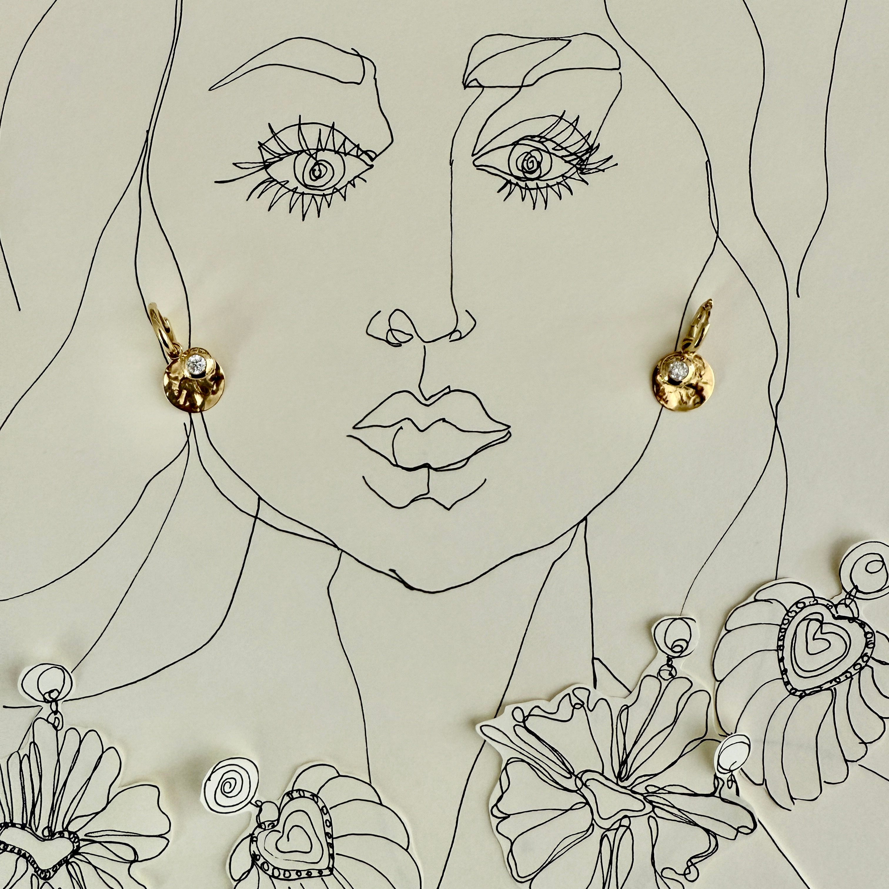 Illustration with handcrafted 18K yellow gold Diamond Pebble Hoop Earrings featuring 0.50ct round brilliant lab grown diamonds in bezel pebble settings with detachable drops by Isabella Roux