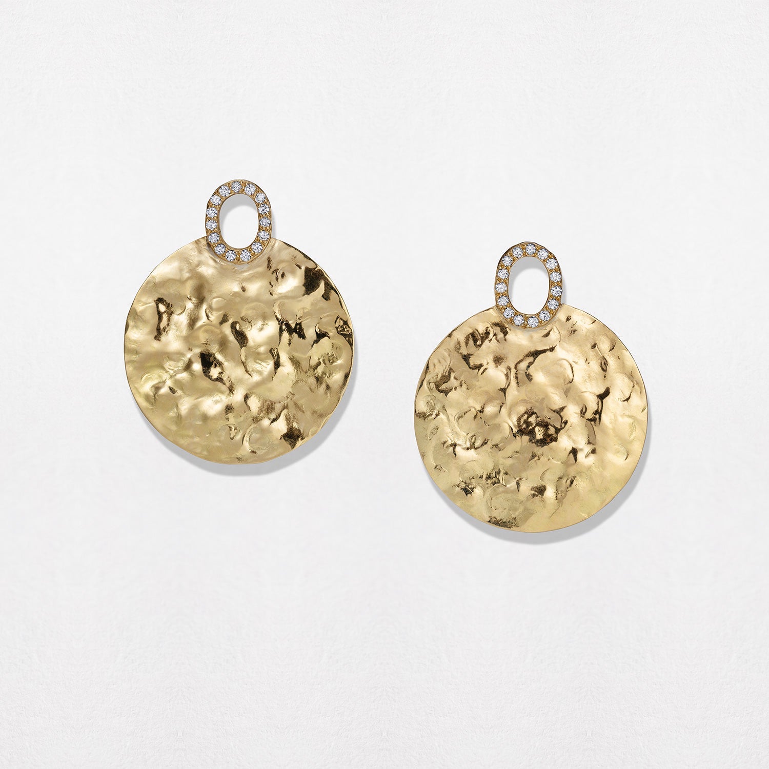 Hand-beaten 18K yellow gold Diamond Sun Disc Earrings featuring 25mm discs set with 0.30cts of sparkling round pavé diamonds by Isabella Roux.