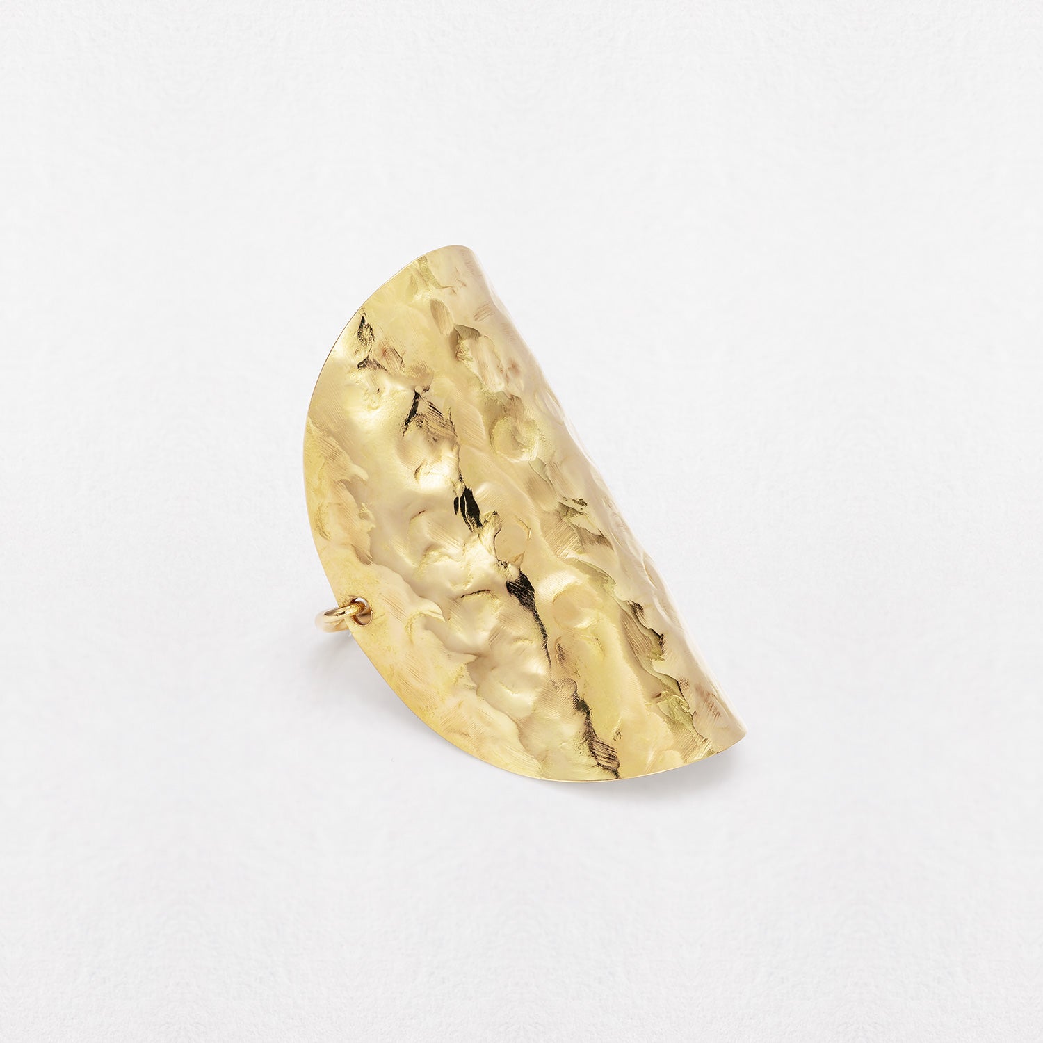 Bespoke 18K yellow gold Grand Sun Shield Wrap Ring featuring a large 35mm hand-hammered gold sheet that wraps the finger by Isabella Roux