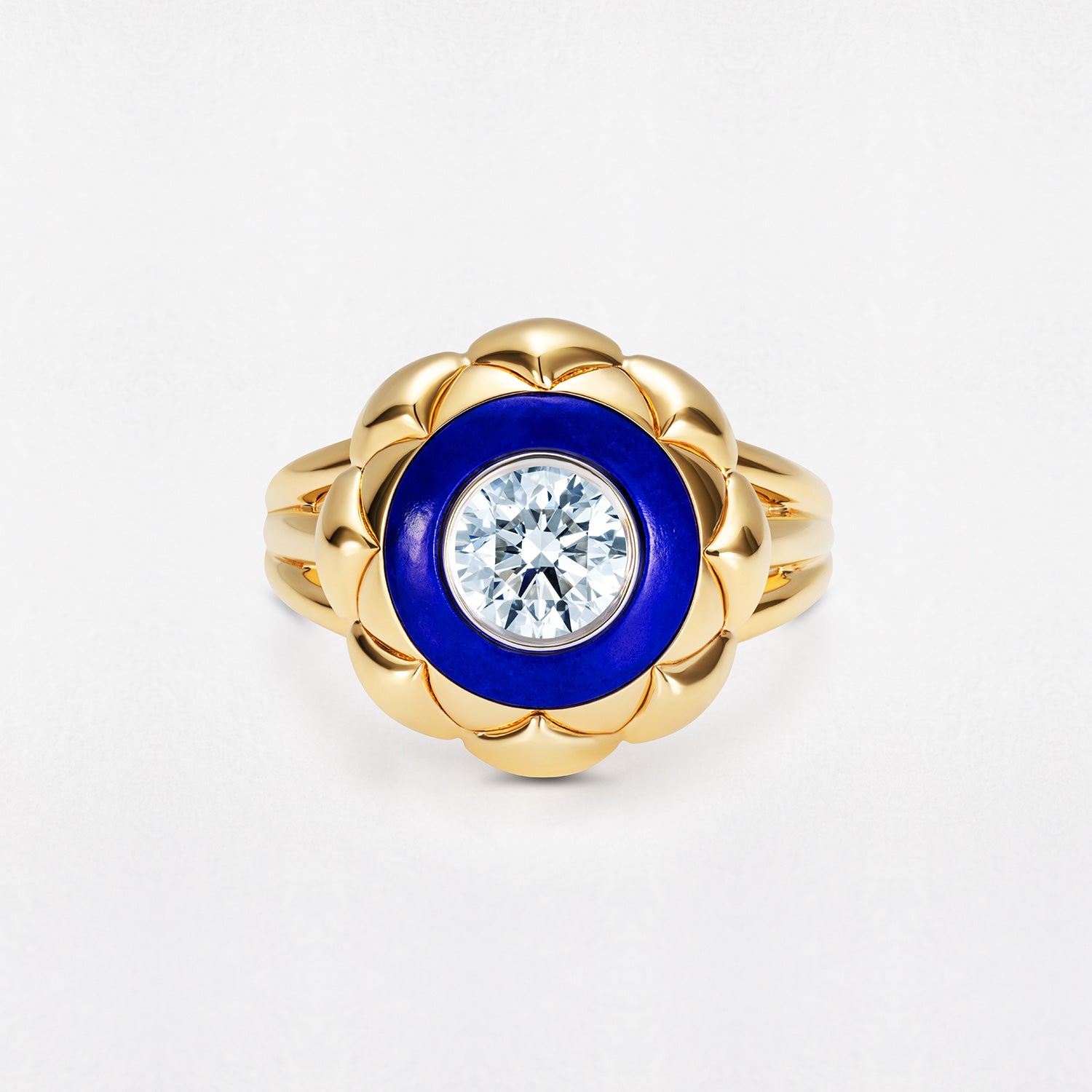 Bespoke Lotus Ring in 18k yellow gold, lapis lazuli and central diamond by Isabella Roux