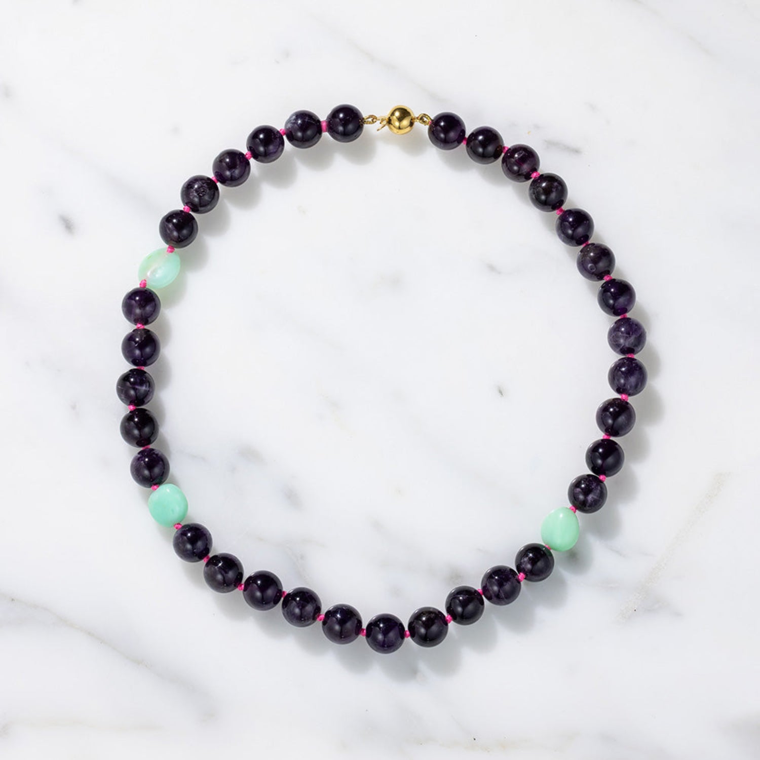 Handcrafted 18K yellow gold Pebble Amethyst & Chrysoprase Necklace featuring vibrant amethyst, green chrysoprase, and gold clasp by Isabella Roux