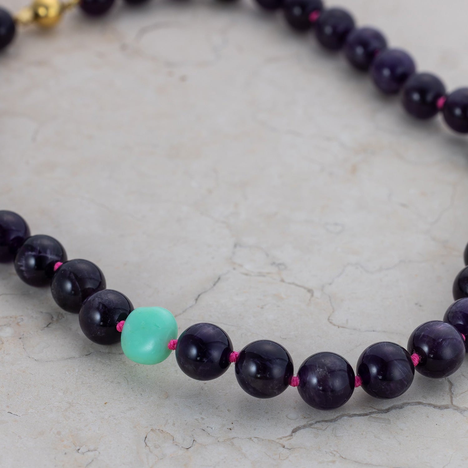 Handcrafted 18K yellow gold Pebble Amethyst & Chrysoprase Necklace featuring vibrant amethyst, green chrysoprase, and gold clasp by Isabella Roux