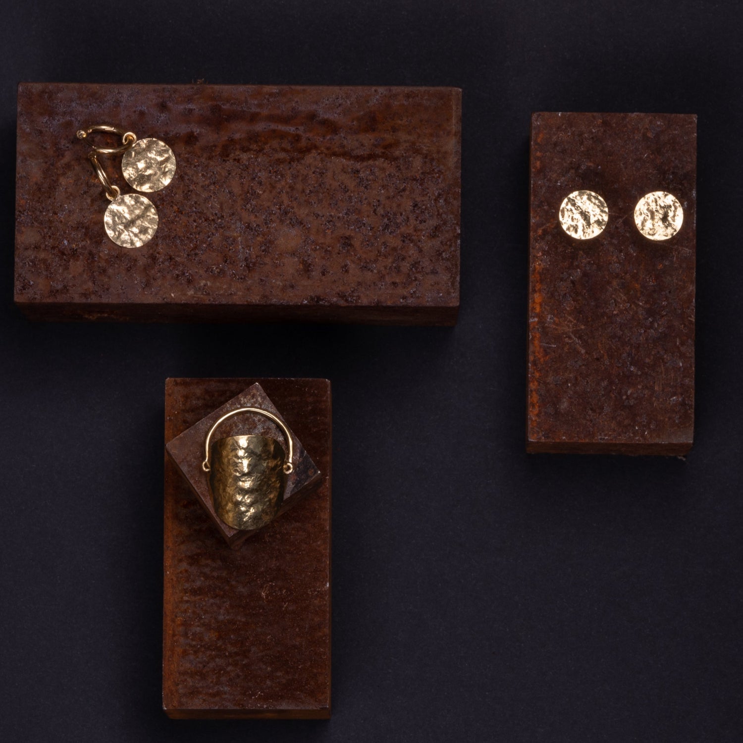 Hand-beaten 18K yellow gold Sun Disc Stud Earrings and ring featuring 11mm textured gold discs with a beautiful artisanal finish by Isabella Roux